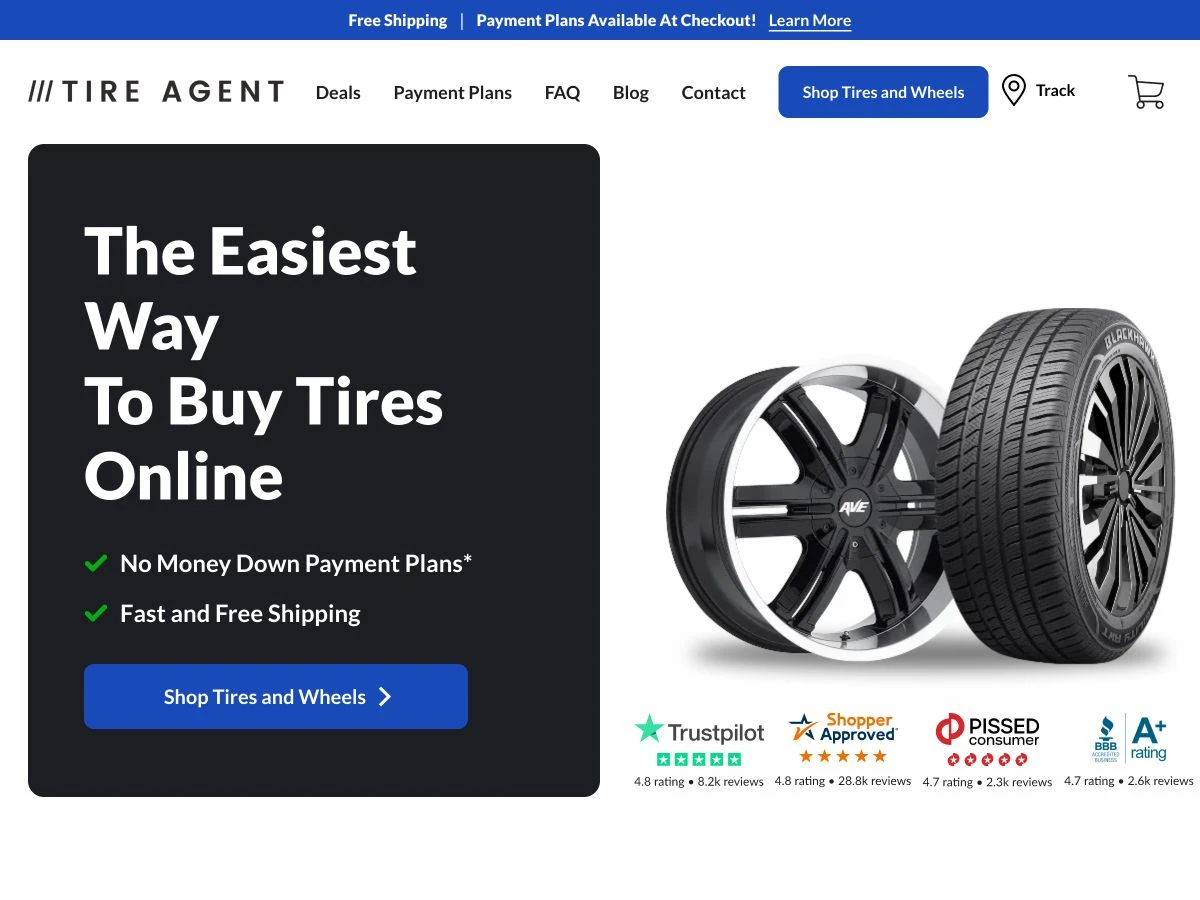 Tire Agent homepage, showing its online tire and wheel store